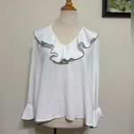 ZARA Blouse Ruffle Trim V-Neck Off-White Color Lightweight Semi-Sheer Top Size M Photo 3