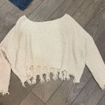 American Threads  Off Shoulder Fringe Distressed Sweater Photo 1