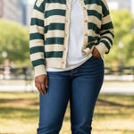 Long Sleeve Crew Neck Button Up Striped Sweater Cardigan Green White Size Large Photo 0