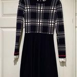 1901  Plaid Bodice Long Sleeve Preppy Sweater Dress Navy Blue Size Small Photo 0