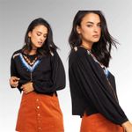 Free People Black Embroidered V Neck Long Sleeve Boho Cropped Top Shirt Size S Photo 1