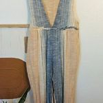 Free People  Cream Blue Wide Leg Woven Thick Cotton Jumpsuit Photo 6