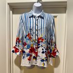 Multiples  PM Petite Medium High-Low Textured Stripe Floral Top Lightweight Photo 1