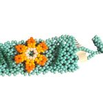 Shakira Huichol Seed Bead Cuff Bracelet 3D Flowers Turquoise Orange 3 Sizes NWT Photo 3