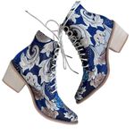 Vintage Satin Floral Embroidered Block Heel Cowboy Ankle Booties Blue Size 7 Photo 15