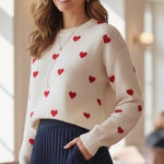Lucky Brand  Women Cream Red Heart Knit Sweater Pullover Size L Photo 0