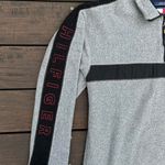 Tommy Hilfiger Grey Quarter Zip Fleece Sweater w/ Embroidered Logo and Striped Detailing on Sleeves Photo 1