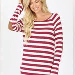 Zenana Outfitters Boatneck mauve pink and white strip shirt with brown elbow patches XL Photo 0