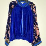 Umgee Cobalt Blue Velvet Oriental Floral Sheer Bomber Jacket L Cottagecore Photo 0