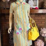 VINTAGE 1960'S DEAD STOCK ORANGE, BLUE & PINK STRIPES & FLORAL HOUSE DRESS NWT S Yellow Photo 0