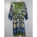 Avenue  Green & Blue Floral Satin V Neck 3/4 Sleeve Tie Back Knee Length Dress 20 Photo 4