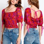 Free People  Back On Top Hot Pink Floral Print Smocked Puff Sleeve Medium Photo 1