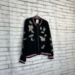 Elevenses  Embroidered Bomber Jacket Women’s L Black Floral Satin Zip Up Boho Photo 1