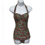 Bettie Page Sarong Cherry Plaid Swimsuit Pinup Retro Rockabilly Red White Size 4 Photo 2