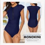 NEW Modest 1 Pc Bathing Suit Short Sleeve Tummy Control Swimsuit Zipper M Blue Size M Photo 5
