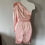 Aakaa NEW ‎ Size Small Pink One Shoulder Long Sleeve Pink Satin Mini Dress Barbie Photo 3