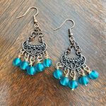 Antique Copper & Deep Sea Green Glass Beaded Chandelier Earrings Photo 0
