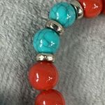 Set Of 3 Beaded Stretch Bracelets Red Blue & Natural Wood Beads Peace Sign Charm Photo 4