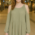 JustFab  Women Size M Olive Green Crew Neck Cold Shoulder Long Sleeve Blouse Photo 0