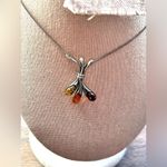 Artisan 925 Sterling Silver Baltic Amber Floral Pendant Necklace Honey Cognac Green Photo 8