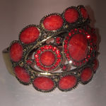 Brass Tone Red Stones CZ Rhinestones Boho Cuff Bangle Statement Bracelet Photo 1