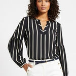 Loft  Striped Balloon Sleeve Split Neck Blouse Womens XS Black Corporate European Photo 0