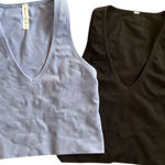 Athleta Lot of 2 V Neck Ribbed Crop Tops Black & Periwinkle size S Gym Run EUC Photo 0