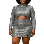 Pretty Little Thing  Silver Sequin Long Sleeve Cutout Zip Mini Bodycon Dress Sz 16 Photo 0
