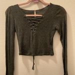 Emma & Sam  Sheer Metallic Black Crop Tie Up Top Long Sleeve Photo 0