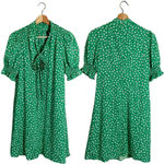DKNY Puff Sleeve Front Print Tie Neck Mini Swing Dress Women's 4 Green Chiffon Photo 3