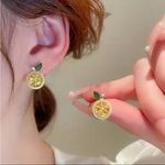 Gold Citrus Slice Earrings with Green Leaf Stone Sparkling Round Drops NWT Yellow Photo 3