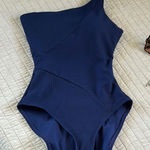 Becca  Adeline blue ribbed tie back one shoulder padded, one piece swimsuit Med​​ Photo 0