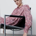 ZARA Pink Paisley 70s Jeweled Button Front Long Sleeve Satin Shirt Dress Small Photo 2