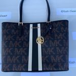 Michael Kors Black Multi Carryall Tote Jet Set Travel Medium Stripe MK Signature Photo 5
