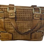 Michael Kors Leather Satchel Tote Bag Woven Details Buckle Accents Brown Photo 0