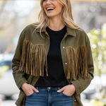 NWT Olive Green Fringe Western Shacket Jacket Boho Festival Cropped Button Up Size XL Photo 0