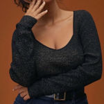 Anthropologie A by Black and Gold Metallic Sweetheart Neck Ribbed Sweater Photo 0