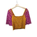 Free People Smocked Crop Top Sz S Ditsy Floral Boho Mustard Yellow Magenta Photo 1