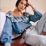 Sézane Sezane Franceska Off Shoulder Chambray Top Women’s Size 2 Embroidered Boho Photo 0