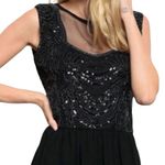 Verty Black Chiffon Dress Illusion Mesh Neck Embellished Sequins Midi Silhouette Photo 3