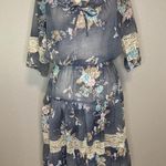 Vintage Dress S Boho Babydoll Cottage Romantic Prairie Floral Tiered Midi Sheer Blue Photo 0