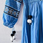 Love Shack Fancy Women's Blue Isla Embroidery Boho Pompom Midi Dress XS Photo 6