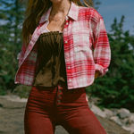American Eagle  Outfitters Pink Plaid Crop Flannel Shirt Photo 0