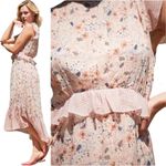 Ellison  Tansy Tiered Peplum Floral Midi Dress Women's Small Pink Polka Dot Flowy Photo 2