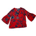 Violet+Claire  Blouse Too Red Blue Floral Split Neck 3/4 Bell Sleeves Medium Photo 11