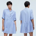 Madewell Button Front Gathered Mini Dress Striped Blue White Poplin Cotton Small Photo 5