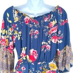 Angie  Floral Off-Shoulder Boho Bell Sleeve Romper Blue Multicolor Size Medium Photo 5