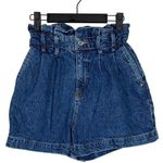 ZARA High Waisted Paperbag Pleated Loose Fit Belt Loops Jean Shorts 2 Dark Blue Photo 0