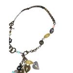 Boho Mixed Metal Heart Charm Necklace with Lock & Leaf Charms Vintage Style Brown Photo 1