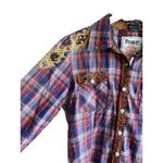 Roar‎ Distressed Western Shirt Size Large Embroidery Lace Rhinestones Plaid Red Photo 2